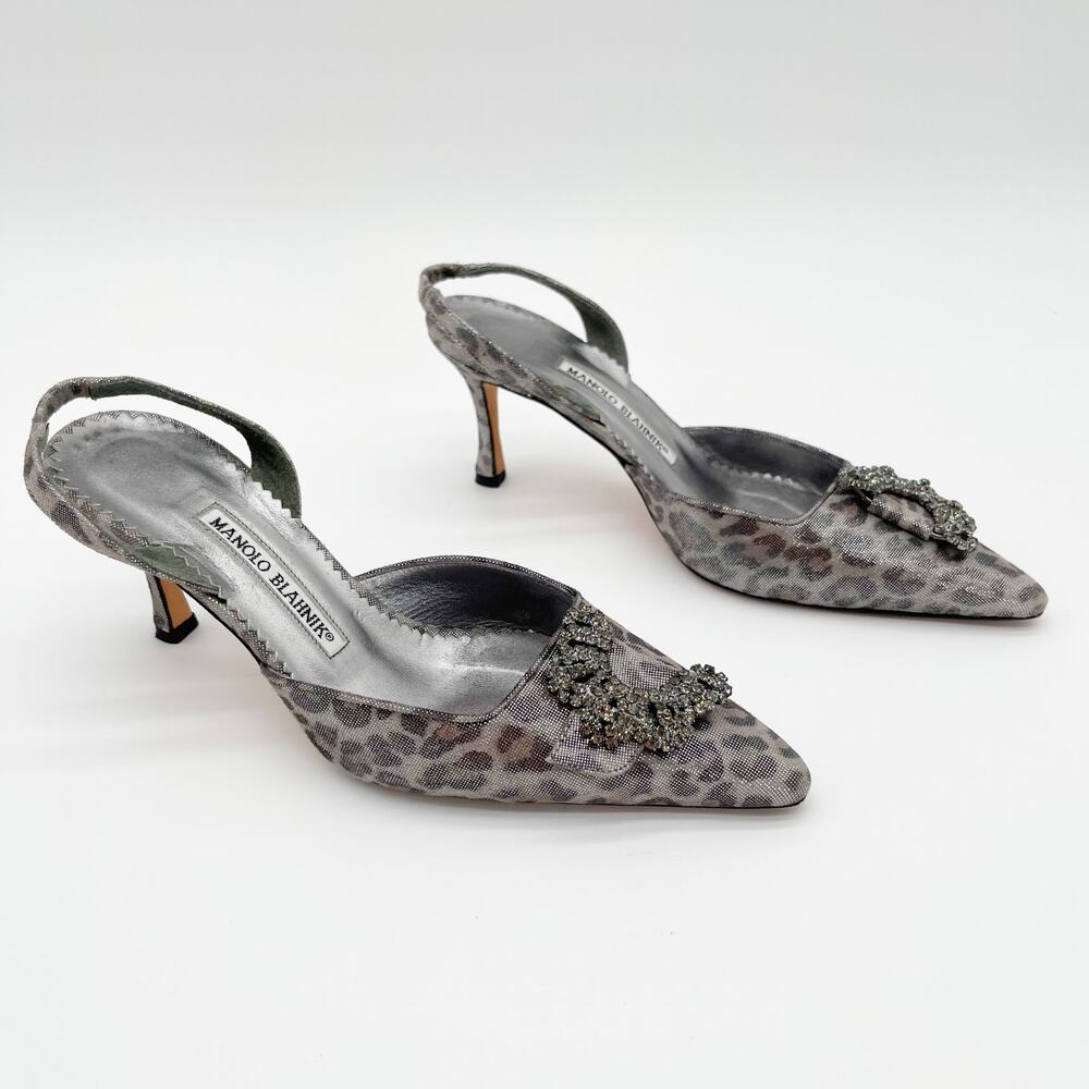 Manolo Blahnik Vintage Carolyne Silver Leopard Crystal Slingback Heels IT 36.5 - Picture 2 of 12